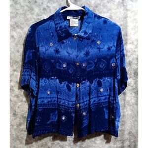 CM Shapes top blouse Wmn's Sz S attached metal mirrors cobalt blue frieze-look